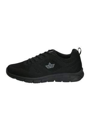 Black athletic shoe made of mesh fabric, featuring a textured surface, lace-up design, and a rubber sole with a supportive heel counter.