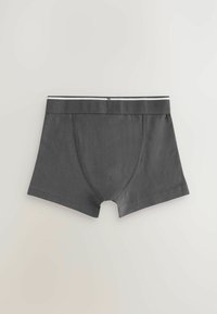 Šedé boxerky s jemnou textúrou, so čiernym elastickým pásom s bielym pruhom a priliehavým, tvarovaným dizajnom.