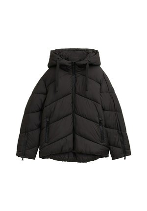 Schwarze Daunenjacke mit Kapuze, ausgestattet mit einem Reißverschluss vorne, zwei seitlichen Reißverschlusstaschen und einem Zickzack-Steppmuster. Hergestellt aus leichtem Material.