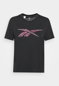 Black short-sleeve T-shirt with a pink leopard print Reebok logo centered on the chest, size small, crew neckline.