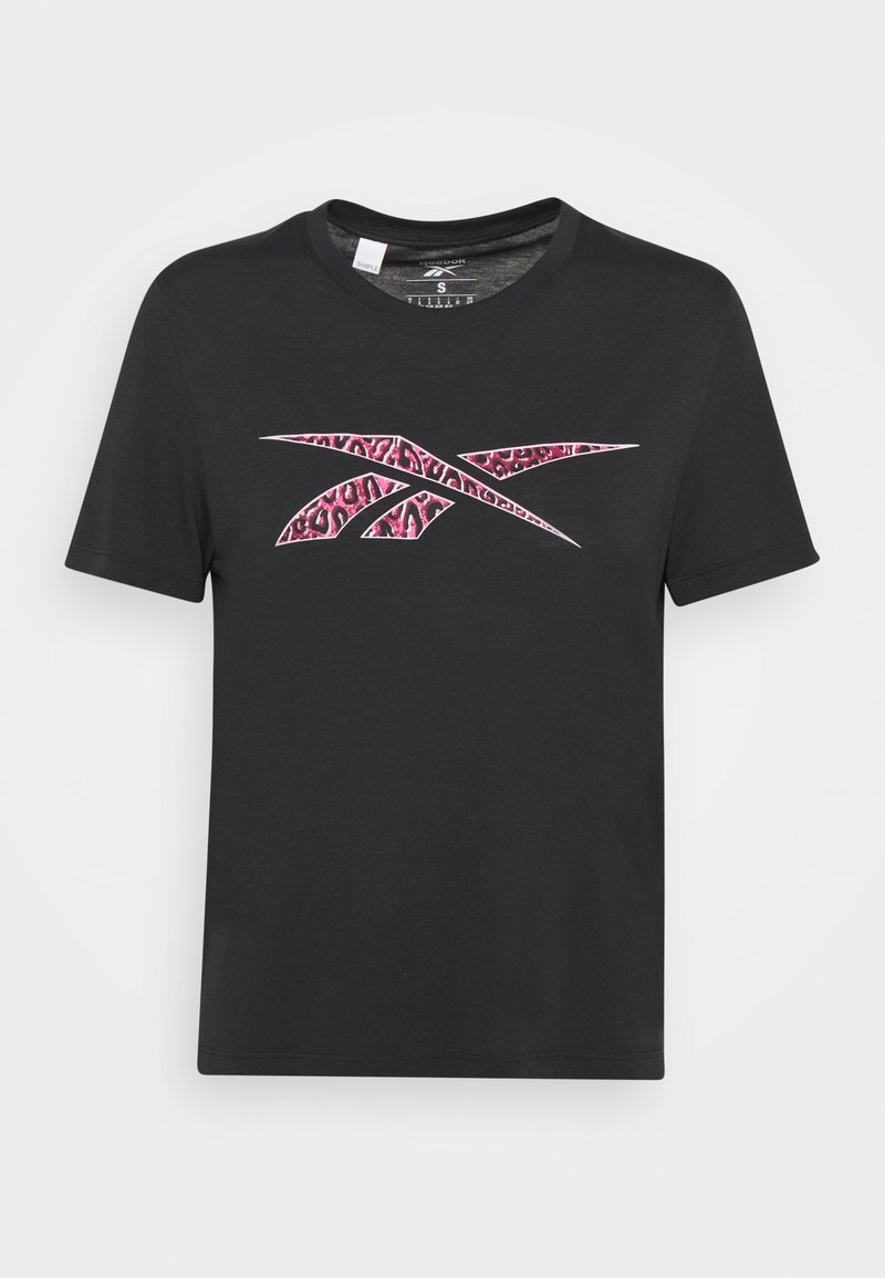 Black short-sleeve T-shirt with a pink leopard print Reebok logo centered on the chest, size small, crew neckline.