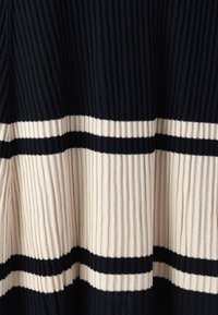 Robe côtelée avec un motif rayé bleu marine et crème, comportant des plis verticaux et un tissu texturé. Les rayures horizontales ajoutent un intérêt visuel.