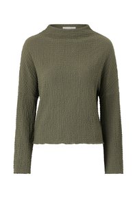 Olivgrünes Langarmoberteil aus strukturiertem Stoff. Es hat einen hohen Kragen und eine leicht verkürzte Silhouette mit rohen Saumkanten.