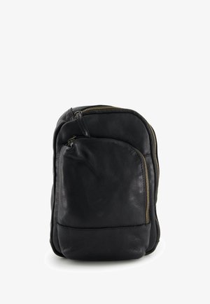 Schwarzer Leder-Rucksack mit glatter Textur, runder Form und einer vorderen Reißverschlusstasche. Zipper in goldfarbener Hardware akzentuiert.