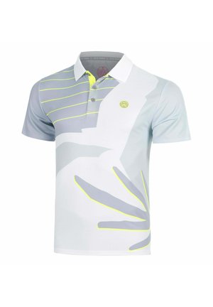 Polo a maniche corte con colletto bianco, motivo astratto grigio e bianco, strisce giallo neon e piccolo logo rotondo sul petto.