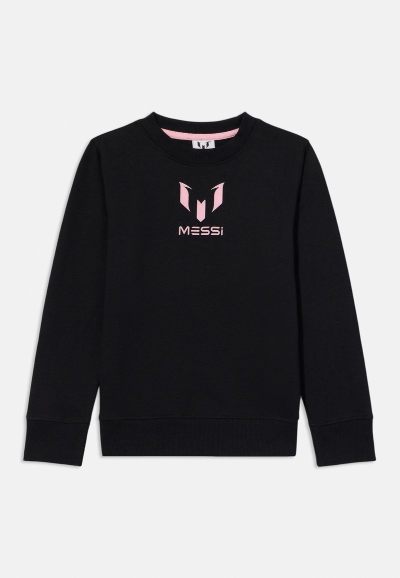 Sudadera negra de tejido suave con cuello redondo, puños de canalé y un logo rosa con el texto 'MESSi' en el frontal.