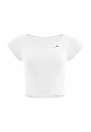 Balts kroptais T-krekls ar īsām piedurknēm, apaļu kakla izgriezumu un melnām izliekuma uzrakstam "Winshape" uz priekšpuses. Gluda, viegla auduma.