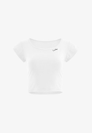 Balts kroptais T-krekls ar īsām piedurknēm, apaļu kakla izgriezumu un melnām izliekuma uzrakstam "Winshape" uz priekšpuses. Gluda, viegla auduma.