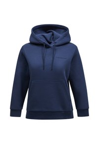 Mörkblå hoodie i mjukt tyg, med en framficka, snoddar vid huvan och ribbade muddkanter och nederkant. Litet logotyp på bröstet.