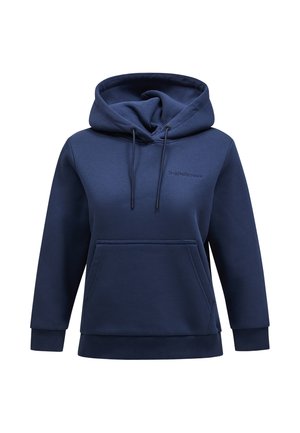 Mörkblå hoodie i mjukt tyg, med en framficka, snoddar vid huvan och ribbade muddkanter och nederkant. Litet logotyp på bröstet.