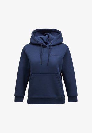 Navyblauer Hoodie aus weichem Material, mit einer Fronttasche, Kordeln an der Kapuze sowie gerippten Bündchen und Saum. Kleines Logo auf der Brust.