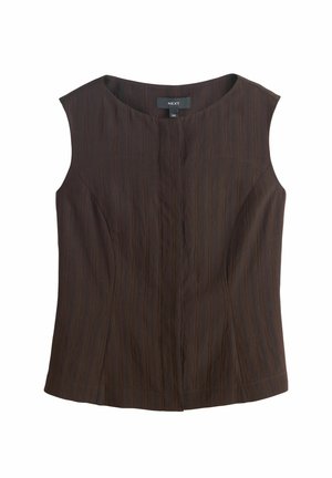 Damska bluzka bez rękawów w ciemnym brązie z subtelnymi pionowymi paskami i okrągłym dekoltem, z małym, ukrytym zapięciem z przodu.