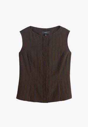 Damska bluzka bez rękawów w ciemnym brązie z subtelnymi pionowymi paskami i okrągłym dekoltem, z małym, ukrytym zapięciem z przodu.