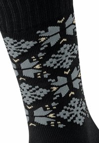 Schwarze Socken mit einem geometrischen Muster in Grau und Creme, mit einer gerippten Textur und einem verstärkten Bündchen für zusätzliche Haltbarkeit.