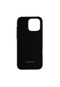 Coque de téléphone noire avec une finition brillante, présentant une découpe pour la caméra. Logo "Swarovski" embossé le long du bord inférieur. Design élégant.