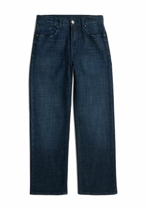 Dunkelblaue Jeans mit geradem Bein, vorderer Knopfleiste, Gürtelschlaufen und Fünf-Taschen-Design auf weißem Hintergrund.