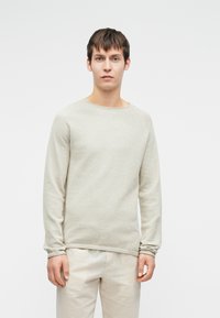 Maglione grigio chiaro a maniche lunghe realizzato in tessuto a maglia testurizzata, caratterizzato da un ampio scollo rotondo e polsini a costine. Indossato con pantaloni beige chiaro.