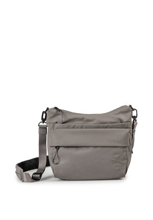 Borsa a tracolla grigia con tracolla regolabile, tasca frontale con zip e nome del marchio in rilievo nella parte inferiore destra.