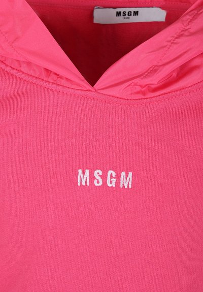 Różowa bluza z kapturem o fakturowanym wykończeniu. Zawiera biały haftowany logo "MSGM" na piersi. Miękka tkanina i swobodny styl.