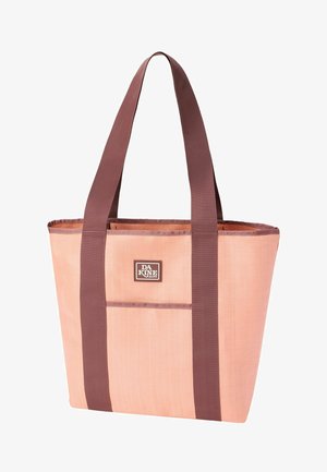 Bolsa tote DaKine rosa y marrón con dos asas largas y un bolsillo delantero, hecha de tela resistente.