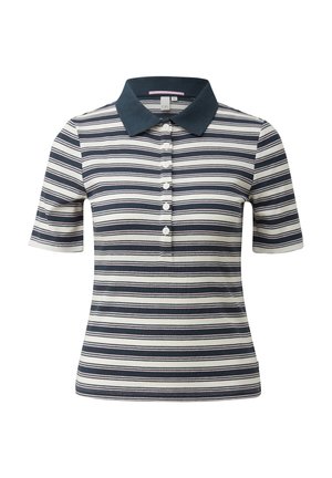 Kurzärmeliges Poloshirt mit horizontalen Streifen in Marineblau und Weiß sowie einem einfarbigen marineblauen Kragen, ausgestattet mit einer Knopfleiste mit fünf Knöpfen.