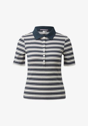 Kurzärmeliges Poloshirt mit horizontalen Streifen in Marineblau und Weiß sowie einem einfarbigen marineblauen Kragen, ausgestattet mit einer Knopfleiste mit fünf Knöpfen.