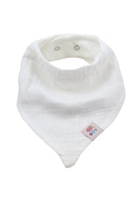 Bavoir en coton blanc en forme de triangle, avec une texture douce et deux pressions pour le fermer. Équipé d'une petite étiquette brodée en forme d'éléphant.