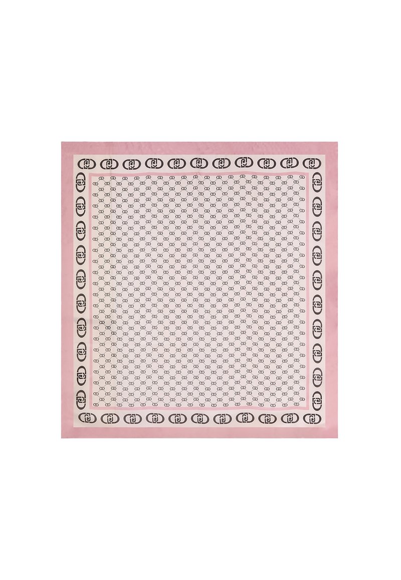 Foulard quadrato in seta con bordo rosa, intricati motivi geometrici neri e disegni ripetuti di forme ovali con accenti stilizzati.