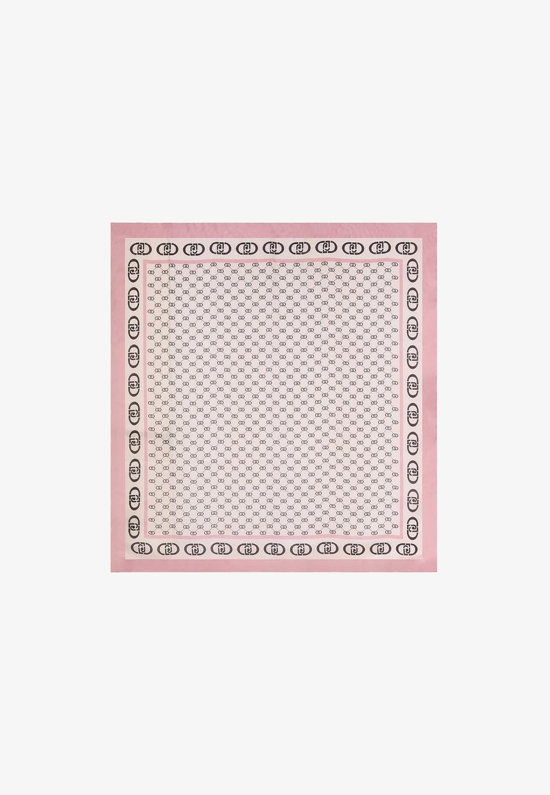 Foulard quadrato in seta con bordo rosa, intricati motivi geometrici neri e disegni ripetuti di forme ovali con accenti stilizzati.