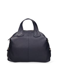 Borsa a tracolla nera in pelle con doppie maniglie, parte superiore arrotondata e zip e accessori in tonalità oro, mostrata su uno sfondo bianco.