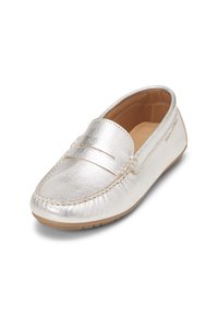 Silberne Leder-Mokassinschuh mit gestickten Akzenten, gepolstertem Innenraum und flexibler Gummisohle für Komfort. Flaches Design im Loafer-Stil.