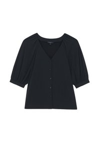 Blusa negra con escote en V, mangas cortas con volantes y cierre de botones. Hecha de una tela suave, presenta costuras fruncidas para un detalle adicional.