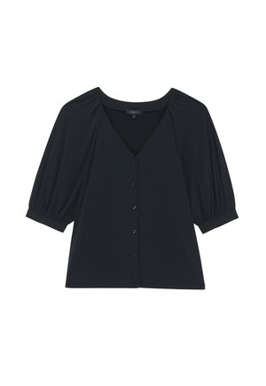 Zwarte blouse met een V-hals, korte pofmouwen en knoopsluiting. Gemaakt van zachte stof, met geplooide naden voor extra detail.