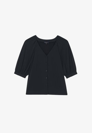 Schwarze Bluse mit V-Ausschnitt, kurzen Puffärmel und Knopfverschluss. Aus weichem Stoff gefertigt, mit gerafften Nähten für zusätzliche Details.