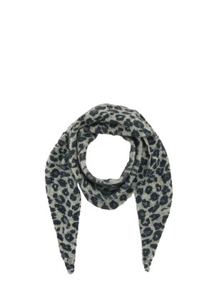 Gray knitted scarf with dark gray and black leopard spots, shown folded with pointed ends, against a white background.