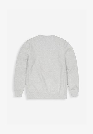 Grauer Pullover, Rundhalsausschnitt, lange Ärmel, weiches Baumwollmaterial, gerippte Bündchen und Saum, minimalistisches Design, keine auffälligen Merkmale oder Logos.
