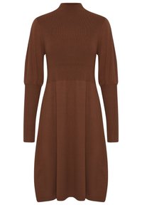 Bruine gebreide jurk met een nepborduursel, lange pofmouwen en een uitlopende zoom. De textuur is glad met een geribbelde lijfje.