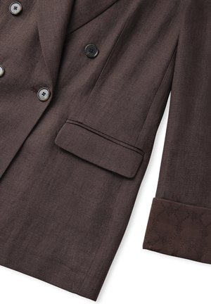 Dark brown tailored blazer featuring a double-breasted design, smooth fabric, two buttons, and a textured cuff with a diamond pattern.
