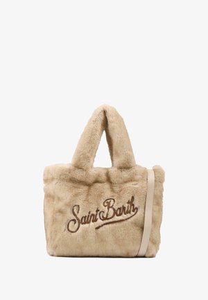 Beige nepbont tote bag met het logo "Saint Barth" in bruine borduursel, voorzien van dubbele handvatten en een afneembare schouderriem.