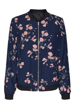 Floral bomber jacket with a navy background, featuring pink floral patterns, a zip front, and ribbed cuffs and hem. Soft fabric.