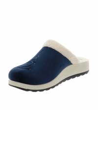 Sabot bleu marine à enfiler avec une doublure crémeuse douce, doté d'un dessus texturé et d'une semelle extérieure en caoutchouc beige pour confort et soutien.