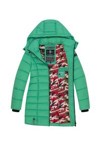 Groene pufferjack met een capuchon, voorzien van een geborduurde textuur, elastische manchetten en een camouflagepatroon voering in roze, bruin en groen.