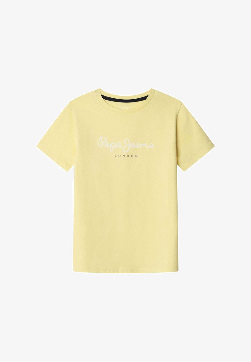Geltonas medvilninis marškinėliai su trumpomis rankovėmis. Priekyje turi baltą "Pepe Jeans LONDON" logotipą, apvalų iškirpimą ir standartinį siluetą.