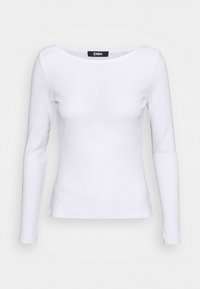 White long-sleeve top made from soft fabric, rounded neckline, slim fit, no visible patterns or accents, features ZIGN logo on the neckline.
