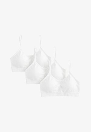 Biele bavlnené bralette v balení po štyroch, s nastaviteľnými ramienkami, jednoduchým dizajnom, hladkým povrchom a bez kostíc pre pohodlie.
