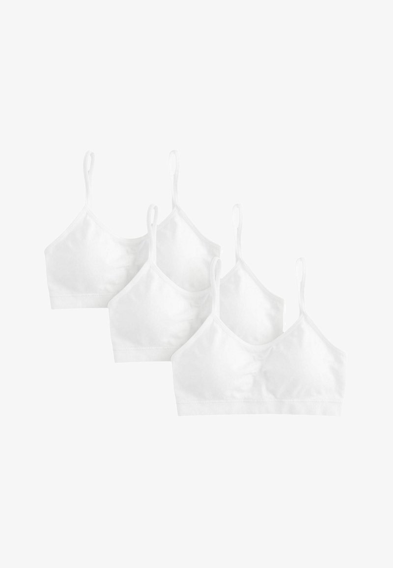 Białe bawełniane biustonosze bez fiszbin w opakowaniu czterech sztuk, z regulowanymi ramiączkami, prostym designem, gładką teksturą i komfortem noszenia.
