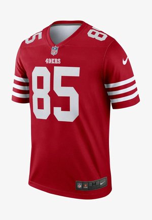 Red football jersey featuring white accents, short sleeves, and a V-neck. Displays "49ERS" and "85" in large white numbers. Nike logo at hem.