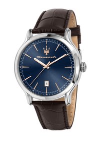 Orologio Maserati con quadrante blu navy, dettagli in oro rosa, cassa in acciaio inossidabile e cinturino in pelle marrone con motivo coccodrillo. Visualizzazione della data alle 6.