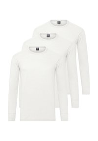Three long-sleeve T-shirts in white, made of cotton, featuring crew necklines and ribbed cuffs. Simple design with no patterns or accents.
