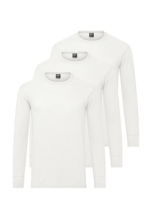 Three long-sleeve T-shirts in white, made of cotton, featuring crew necklines and ribbed cuffs. Simple design with no patterns or accents.